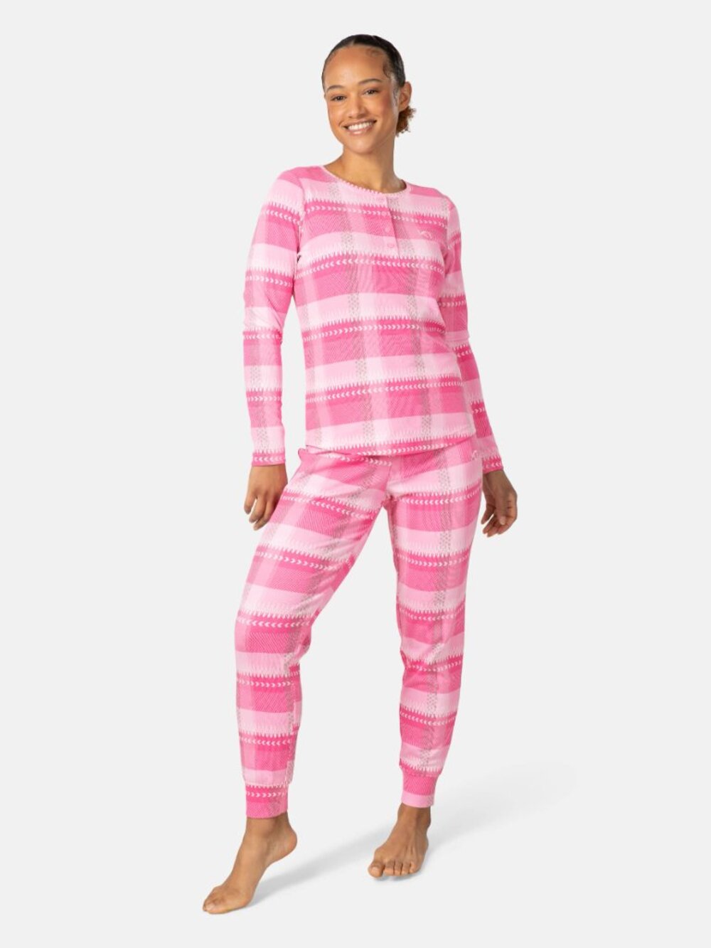 KARI TRAA Pajama Set Womens Medium Pink Plaid Thermal Henley Top Jogger Pants